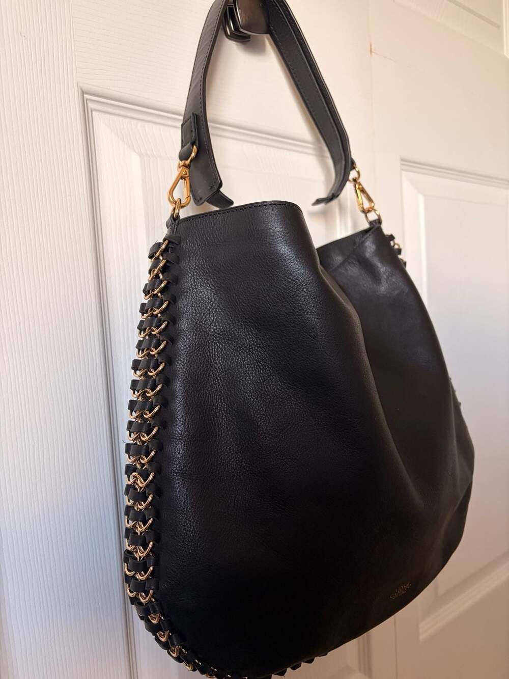 Vince Camuto Gally Black Leather Hobo Bag with Gold Chain Detail